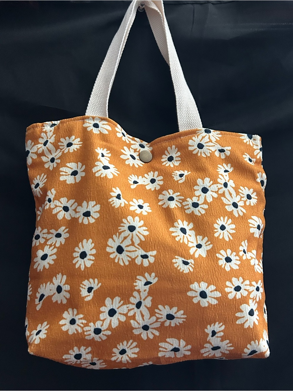 Daisy Print Orange Floral Canvas Tote Bag with White Handles